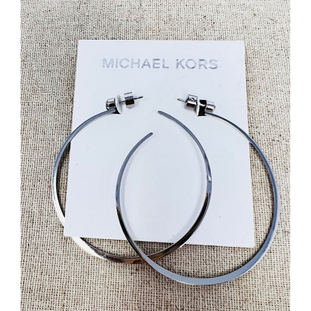 Michael Kors Silver Tone Flat Edge Post Back Designer Large Hoop Earrings